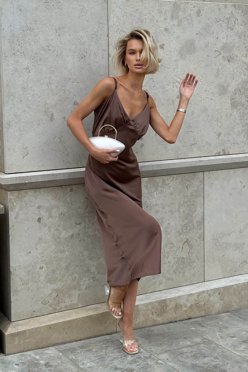 Шелковое платье миди на бретельках шоколад, Коричневый, XS, 40-42