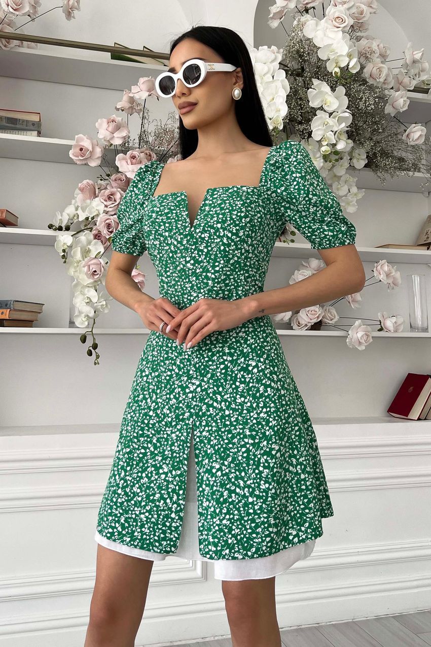 Короткое платье с квадратным вырезом зеленое, Зелёный, XL, 48-50
