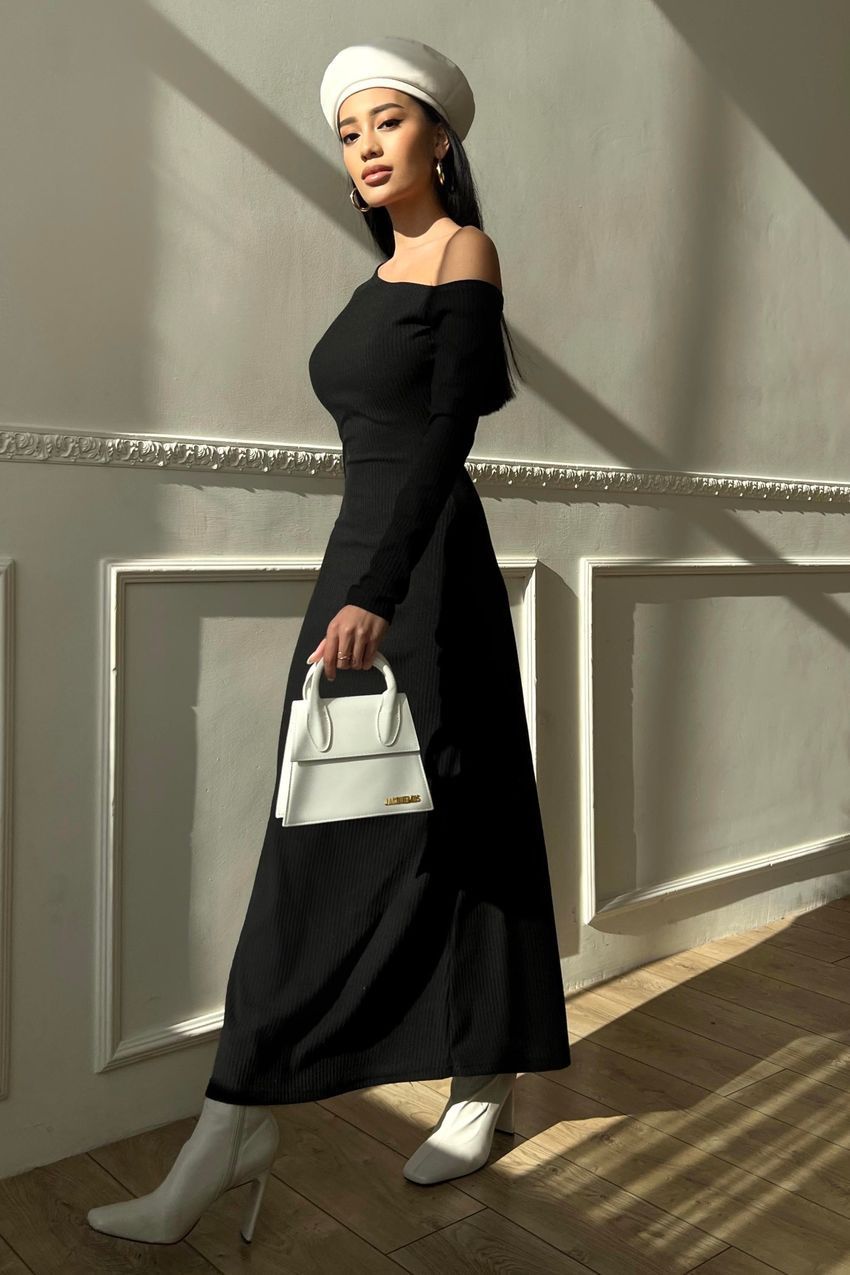 Платье в рубчик с длинным рукавом черное, Черный, XL, 48-50