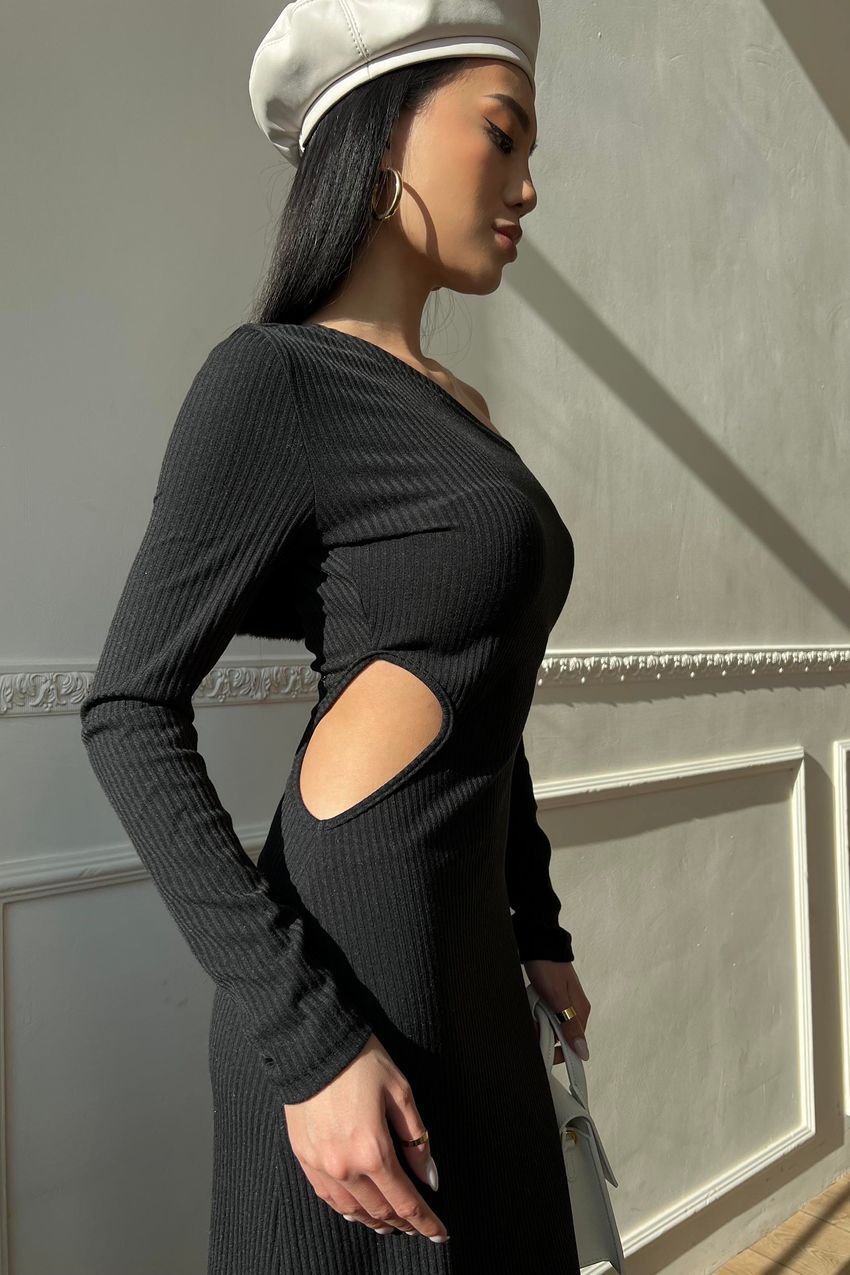 Платье в рубчик с длинным рукавом черное, Черный, XL, 48-50