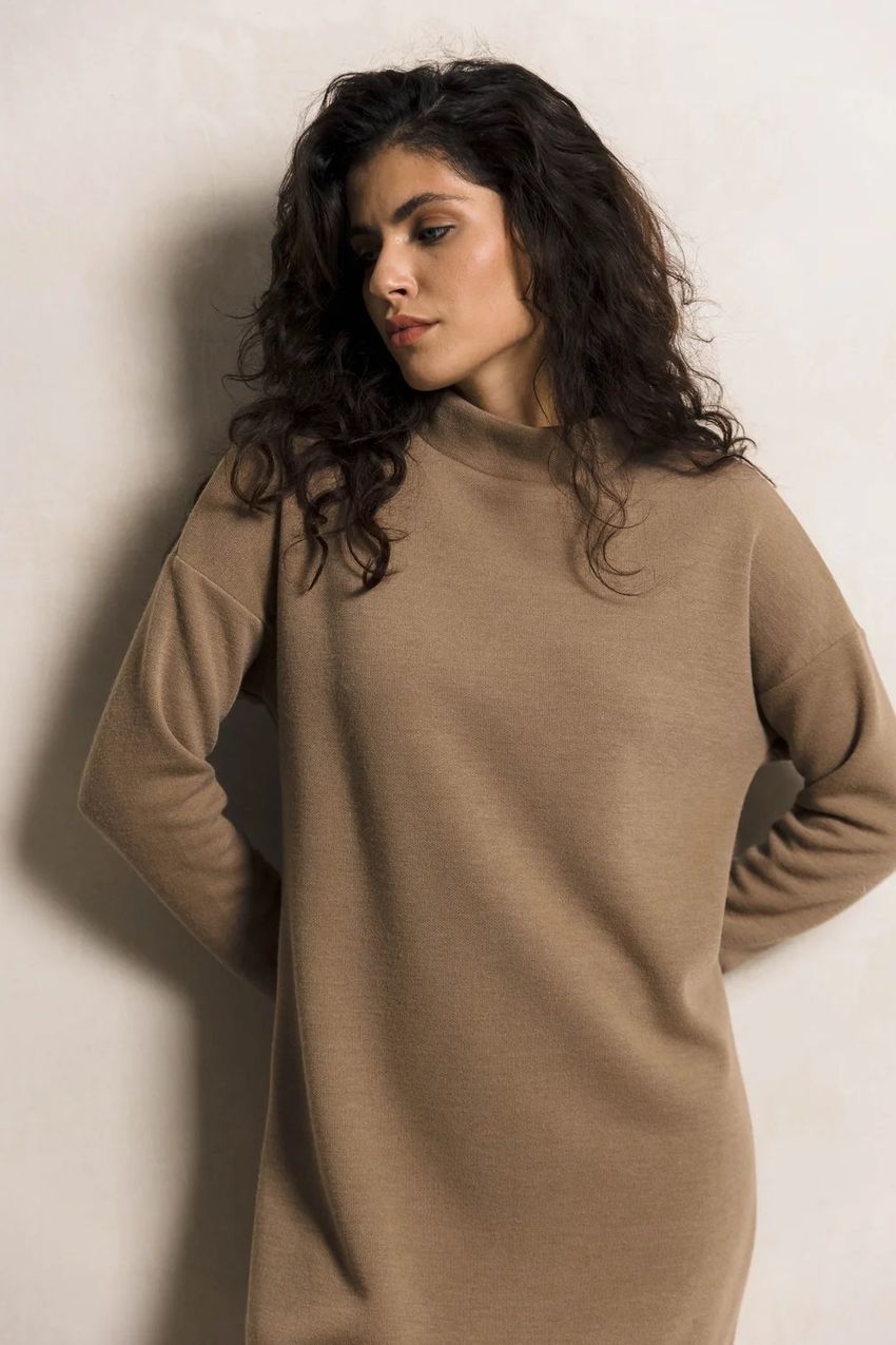 Трикотажное платье кофейного цвета, Бежевый, XXL-3XL, 50-52
