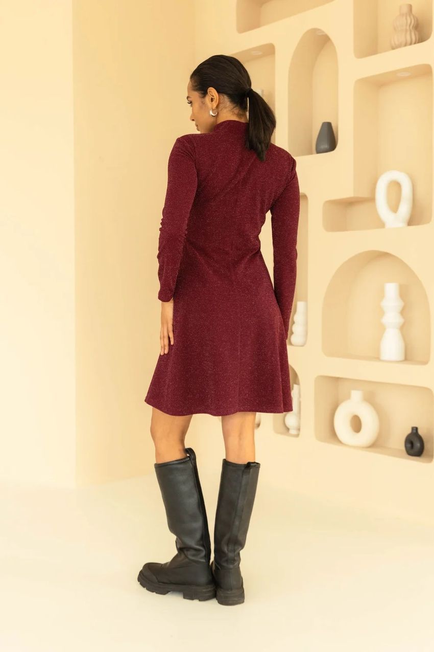 Трикотажное платье короткое марсала с люрексом, Красный, S-M, 42-44